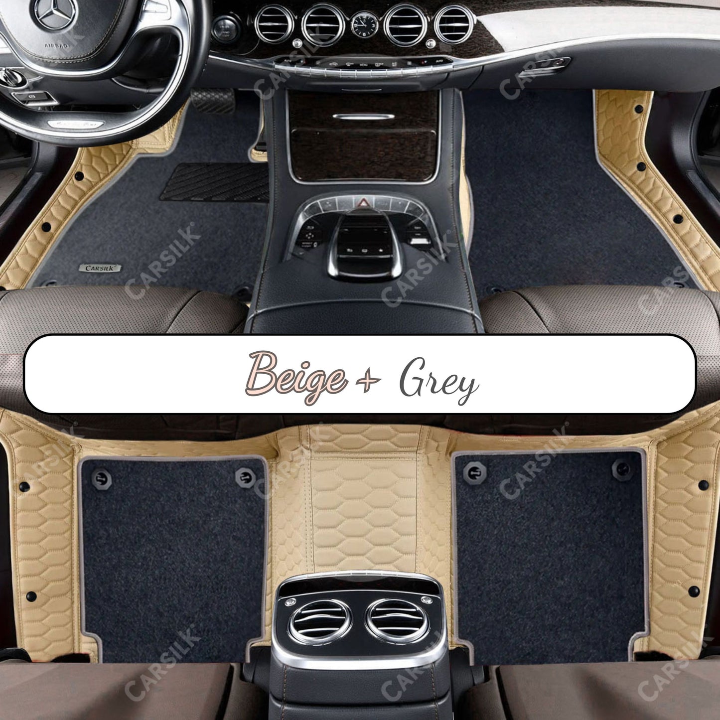 CREAM BEIGE HONEYCOMB BASE WITH BLACK TOP CARPET DOUBLE LAYER CAR MAT SET - Carsilks
