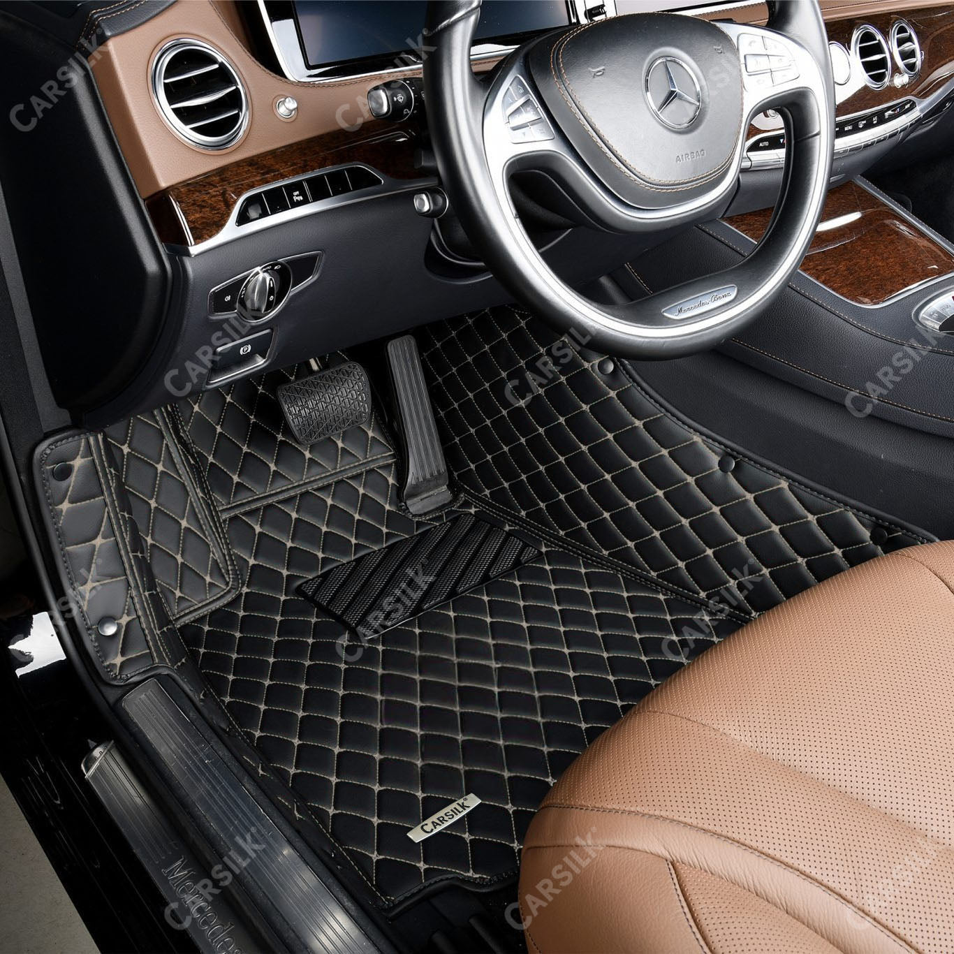 BLACK & BEIGE STITCHING DIAMOND LUXURY CAR FLOOR MATS - Carsilks