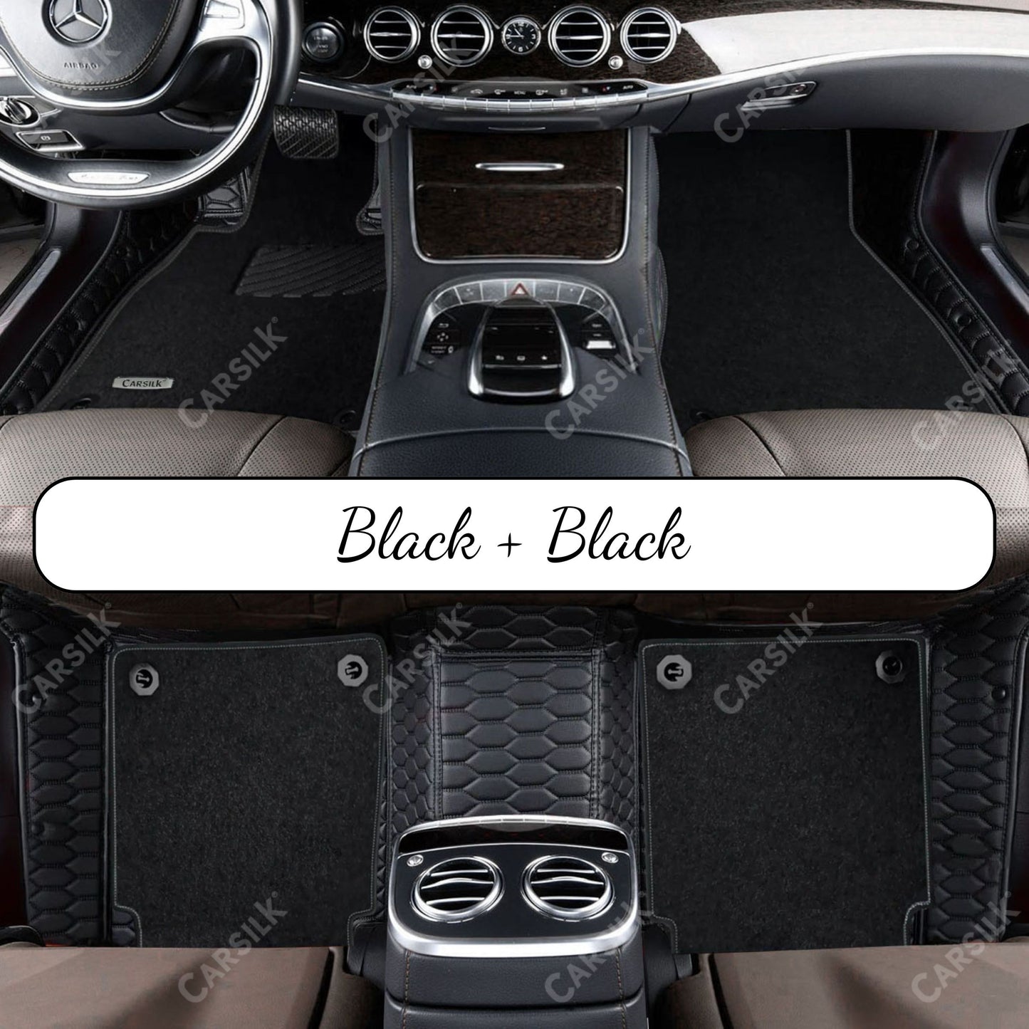 BLACK & BLACK STITCHING HONEYCOMB BASE WITH GRAY TOP CARPET DOUBLE LAYER CAR MAT SET - Carsilks