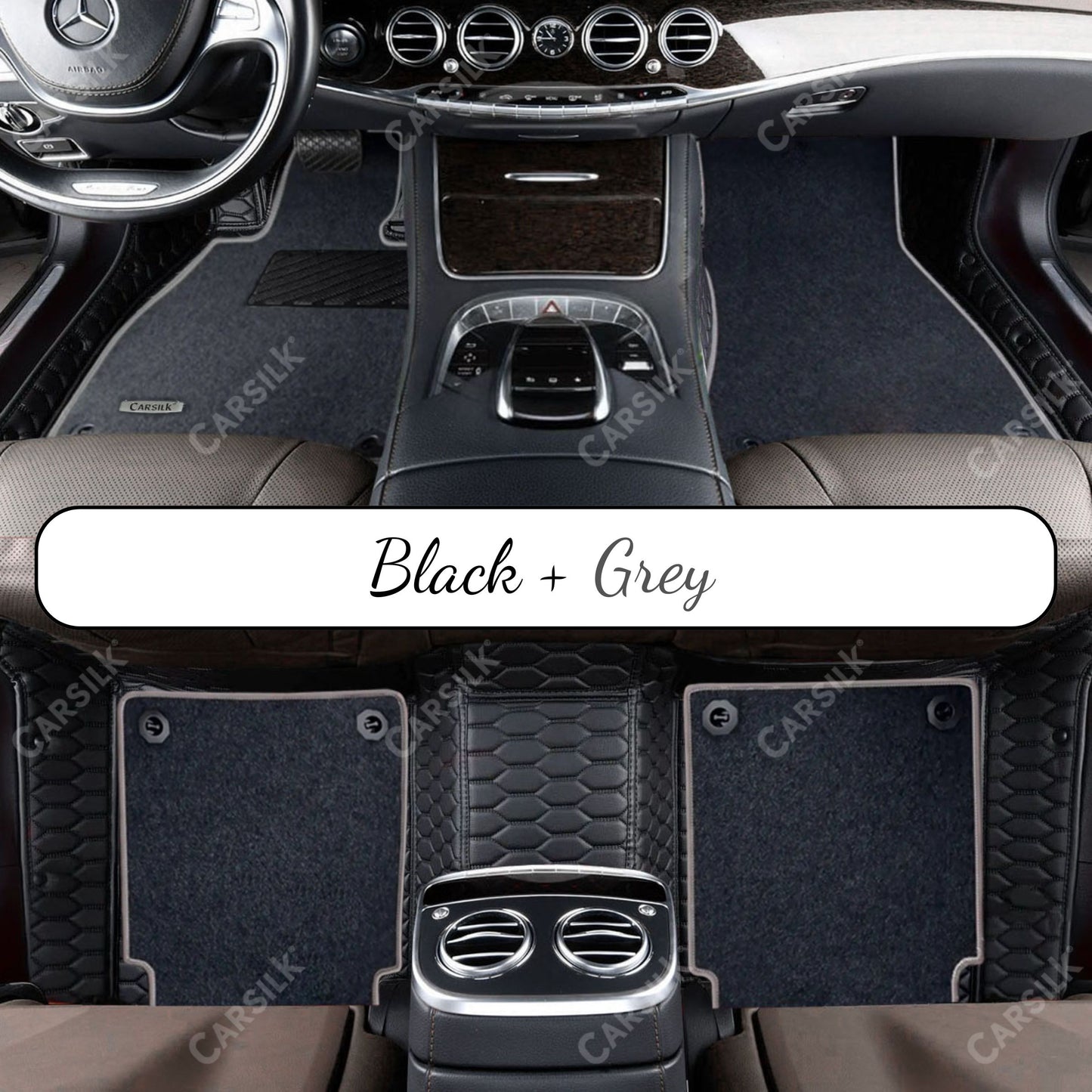 BLACK & BLACK STITCHING HONEYCOMB BASE WITH GRAY TOP CARPET DOUBLE LAYER CAR MAT SET - Carsilks