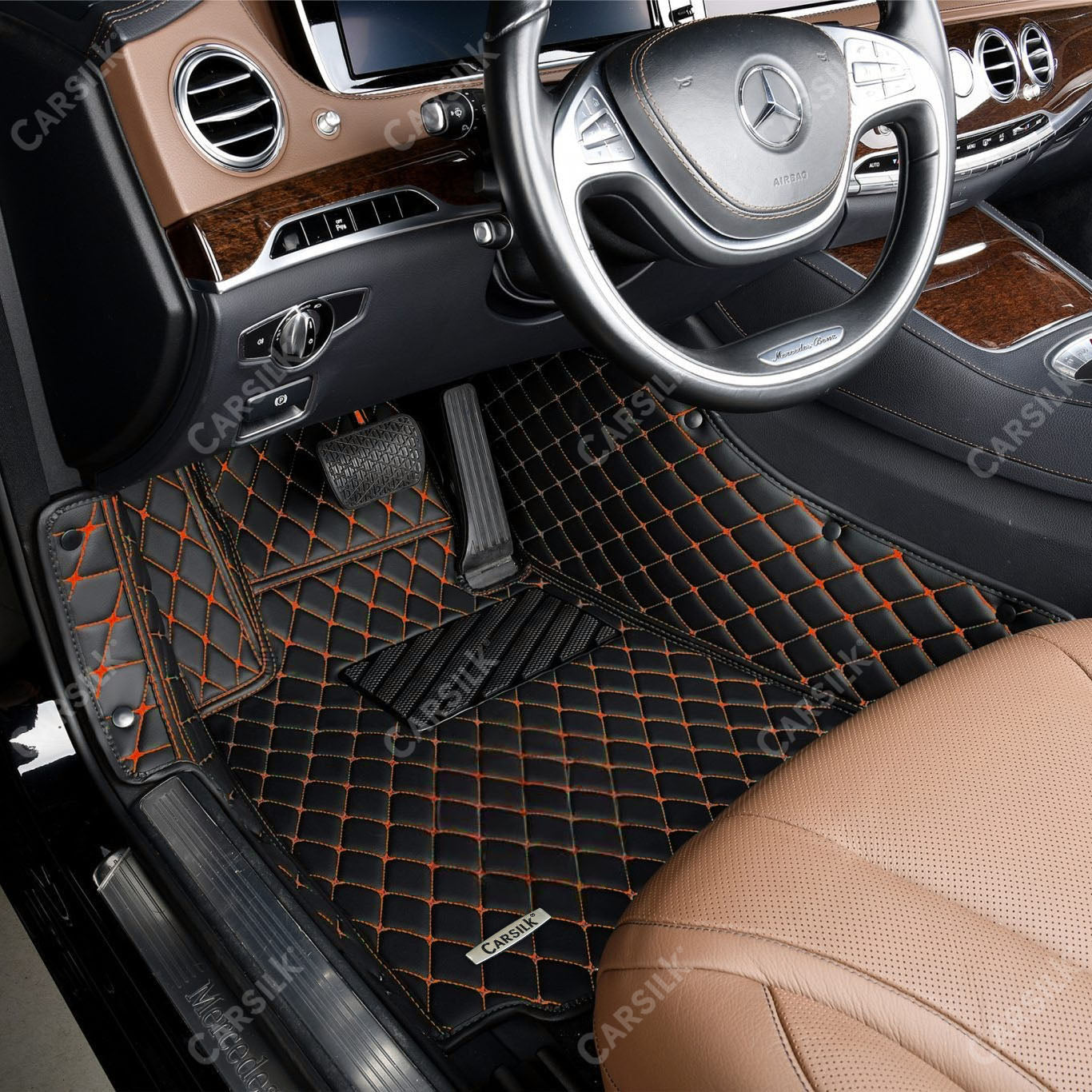 BLACK & ORANGE DIAMOND PATTERN CAR MATS SET - Carsilks