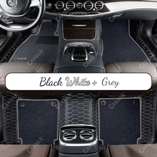 BLACK & WHITE STITCHING HONEYCOMB BASE WITH BLACK TOP CARPET DOUBLE LAYER CAR MAT SET - Carsilks