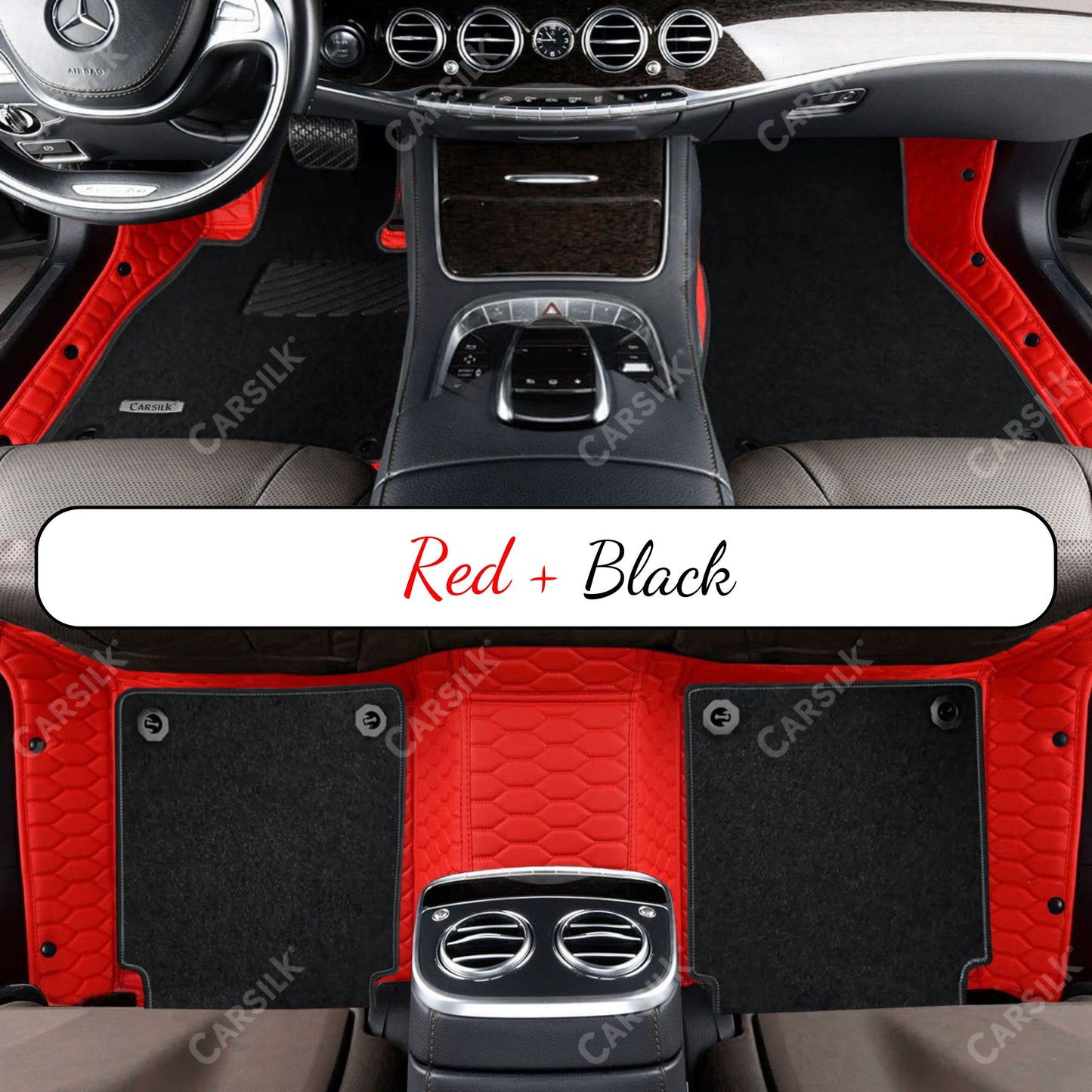 FERRARI RED HONEYCOMB BASE WITH BLACK TOP CARPET DOUBLE LAYER CAR MAT SET - Carsilks