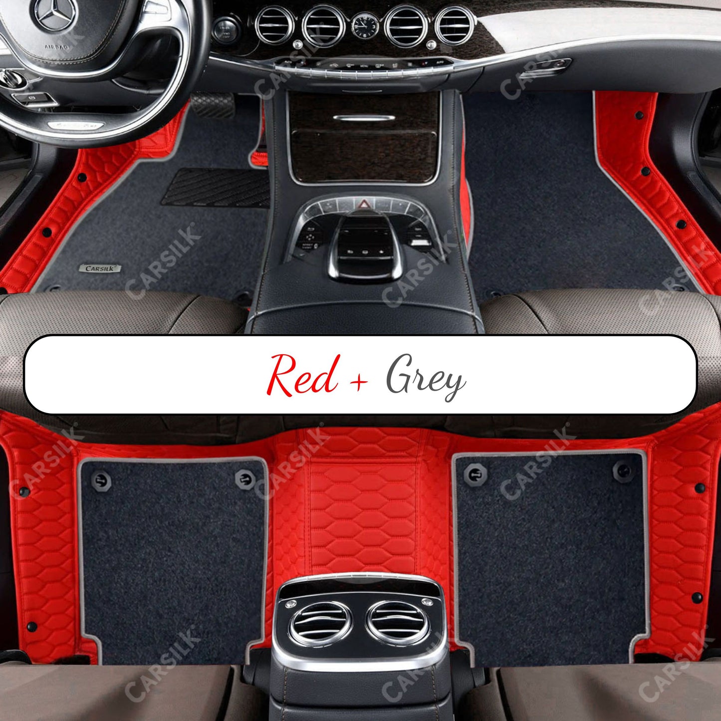 FERRARI RED HONEYCOMB BASE WITH BLACK TOP CARPET DOUBLE LAYER CAR MAT SET - Carsilks
