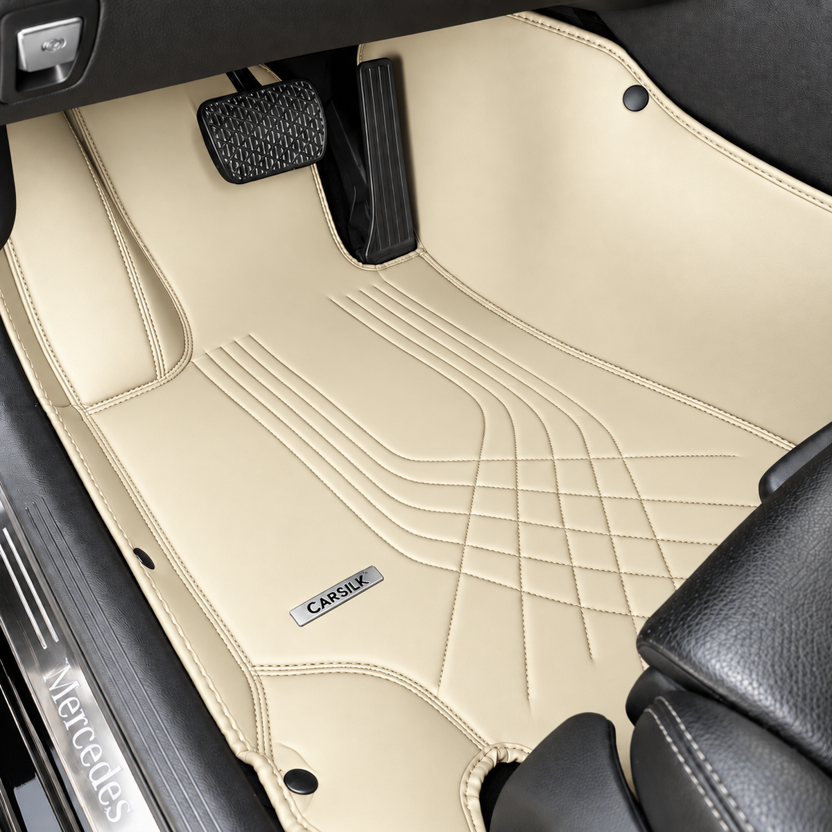 BEIGE LINE STYLE NAPPA LEATHER CAR MATS SET