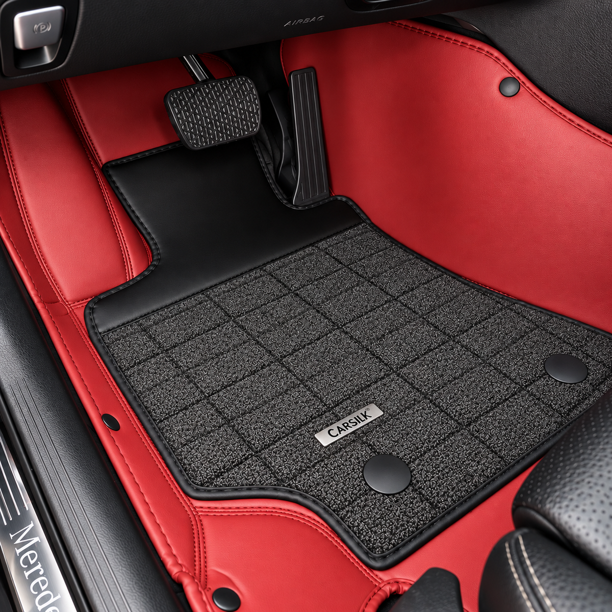 RED AND BLACK HALF COIL DOUBLE LAYER NAPPA LEATHER CAR MATS SET