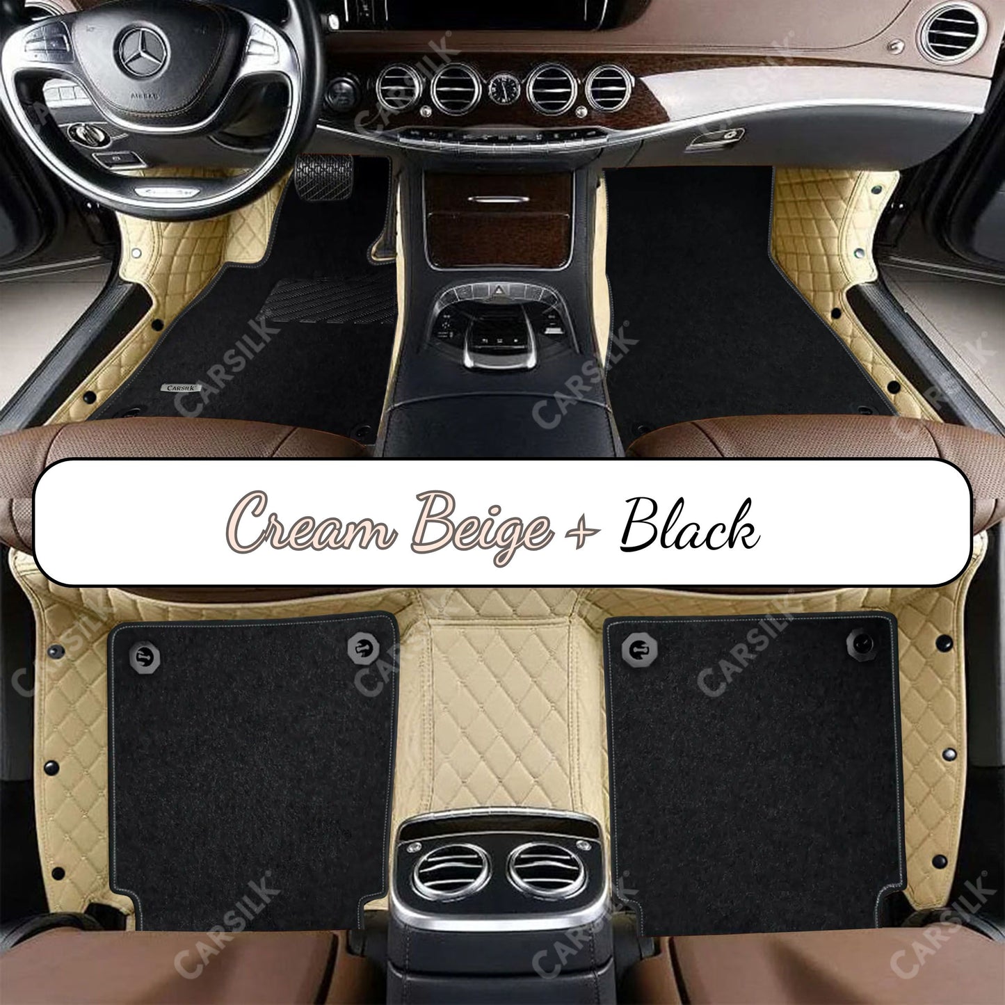 CREAM BEIGE DIAMOND BASE WITH BLACK TOP CARPET DOUBLE LAYER CAR MAT SET - Carsilks