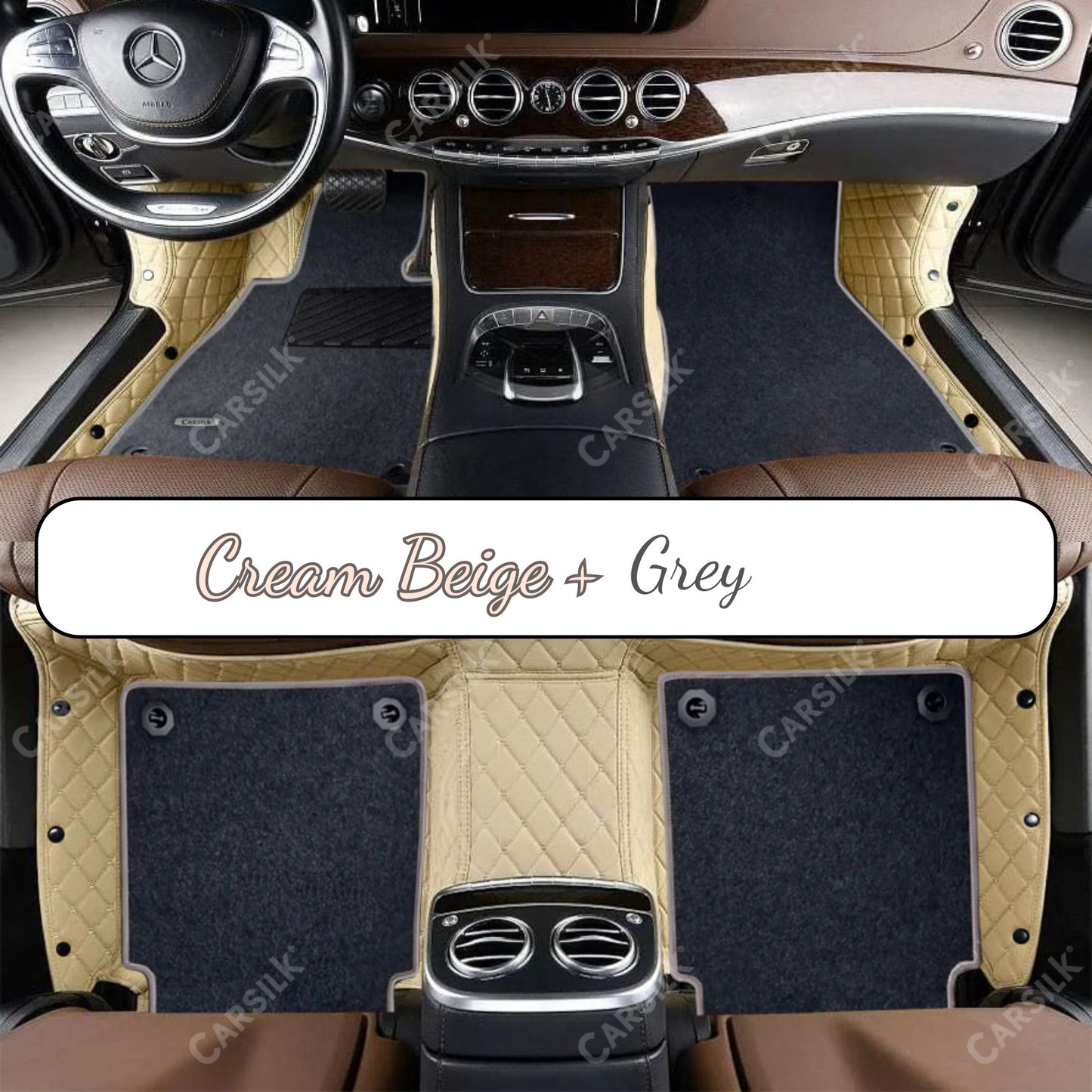 CREAM BEIGE DIAMOND BASE WITH BLACK TOP CARPET DOUBLE LAYER CAR MAT SET - Carsilks