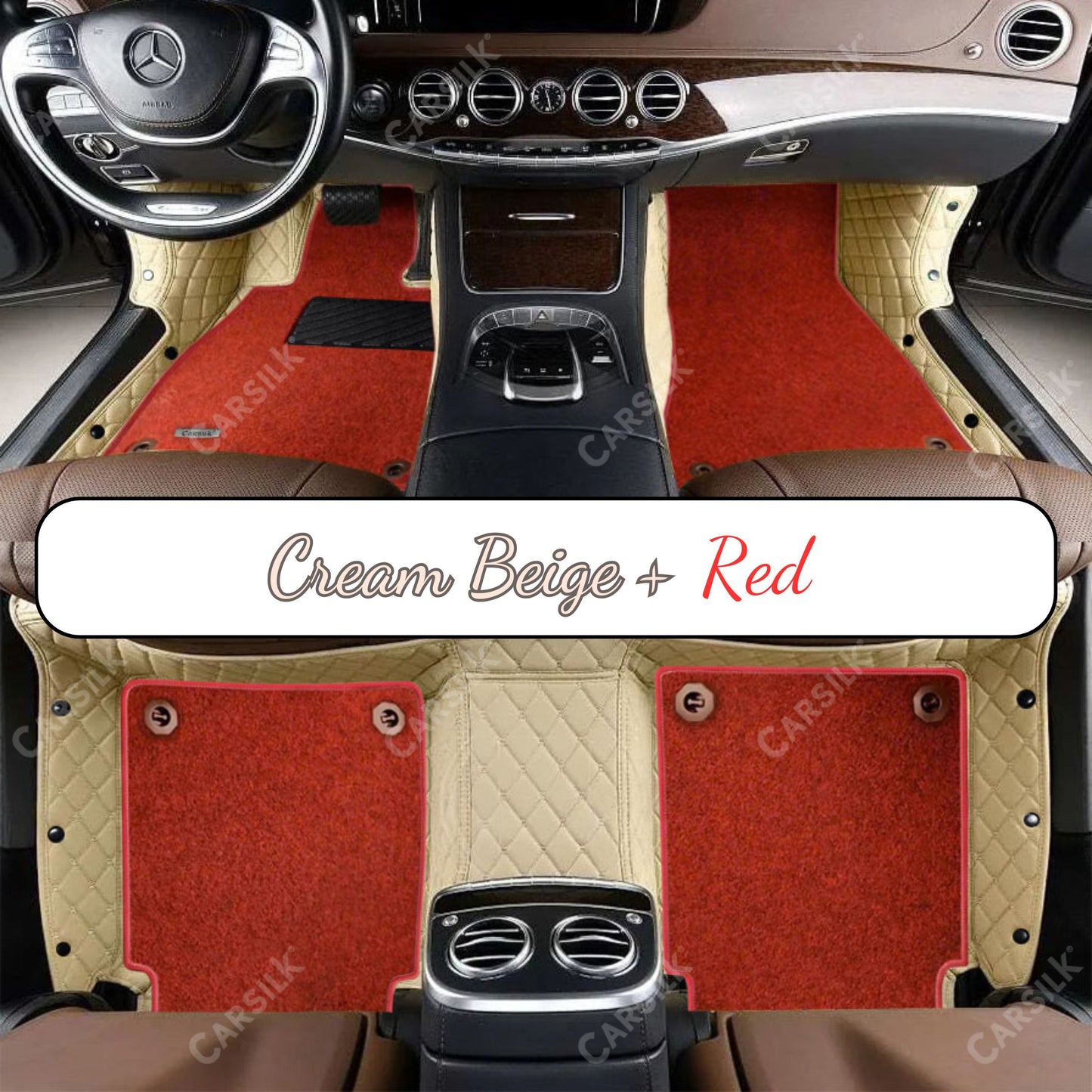 CREAM BEIGE DIAMOND BASE WITH RED TOP CARPET DOUBLE LAYER CAR MAT SET - Carsilks