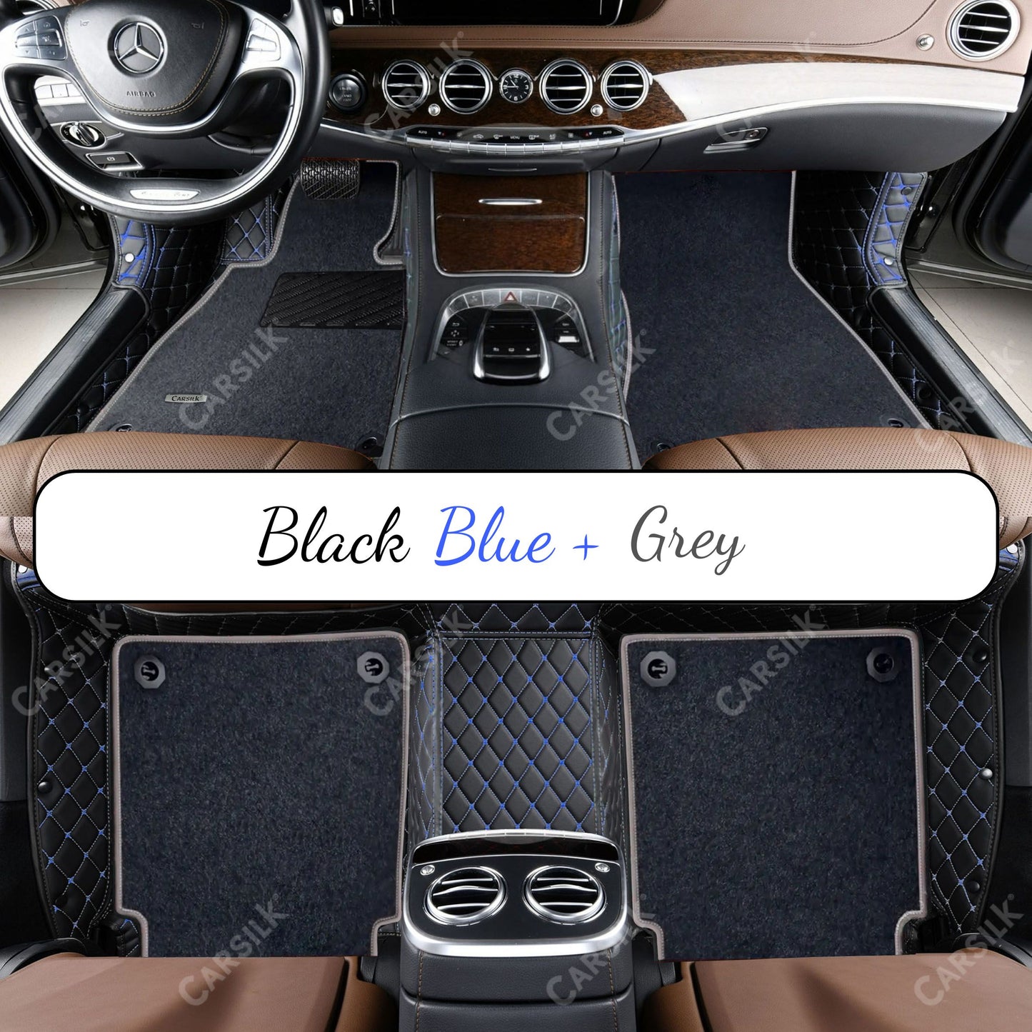BLACK & BLUE STITCHING DIAMOND BASE WITH GRAY TOP CARPET DOUBLE LAYER CAR MAT SET - Carsilks