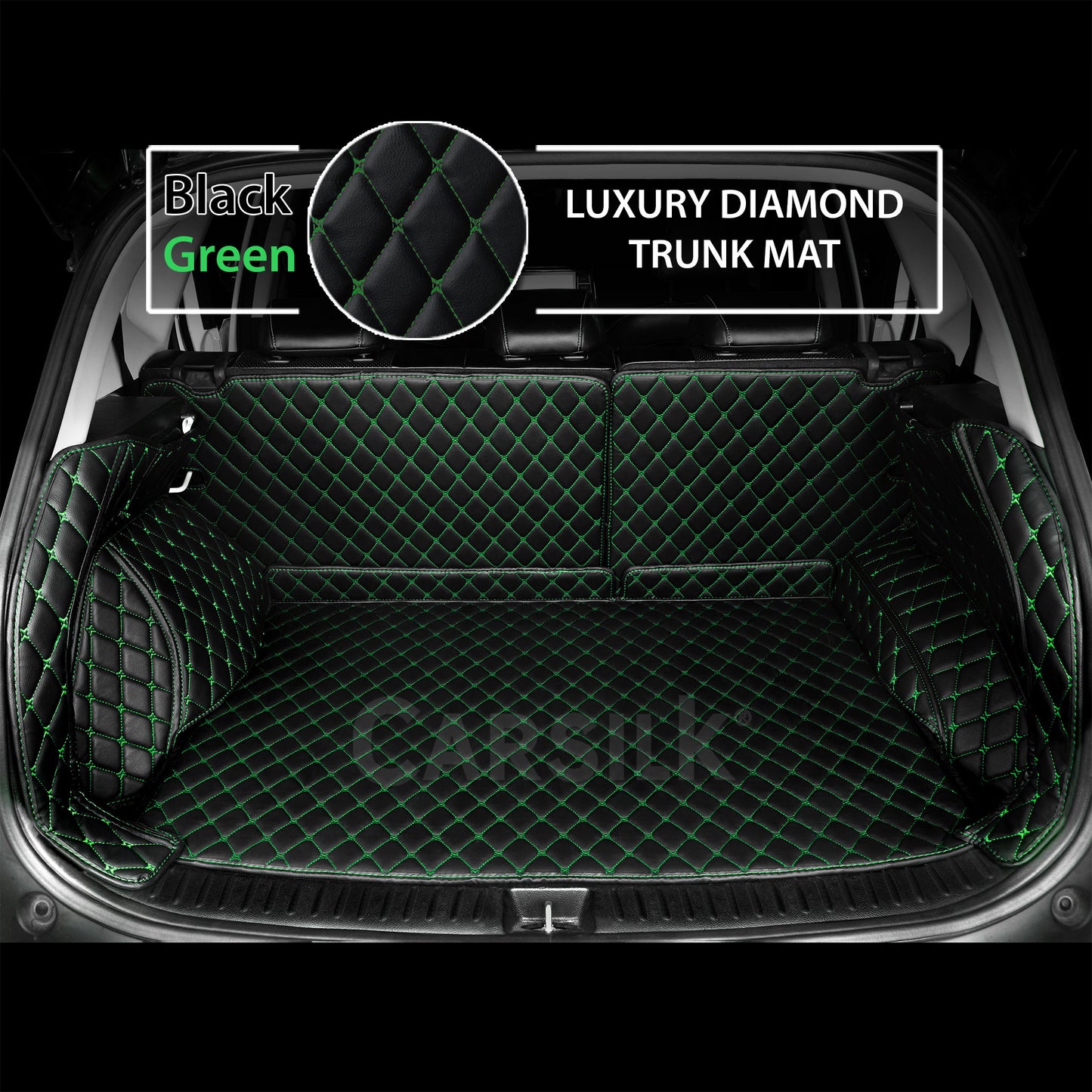 BLACK GREEN STITCHING 3D DIAMOND LUXURY TRUNK CAR MATS SET - Carsilks
