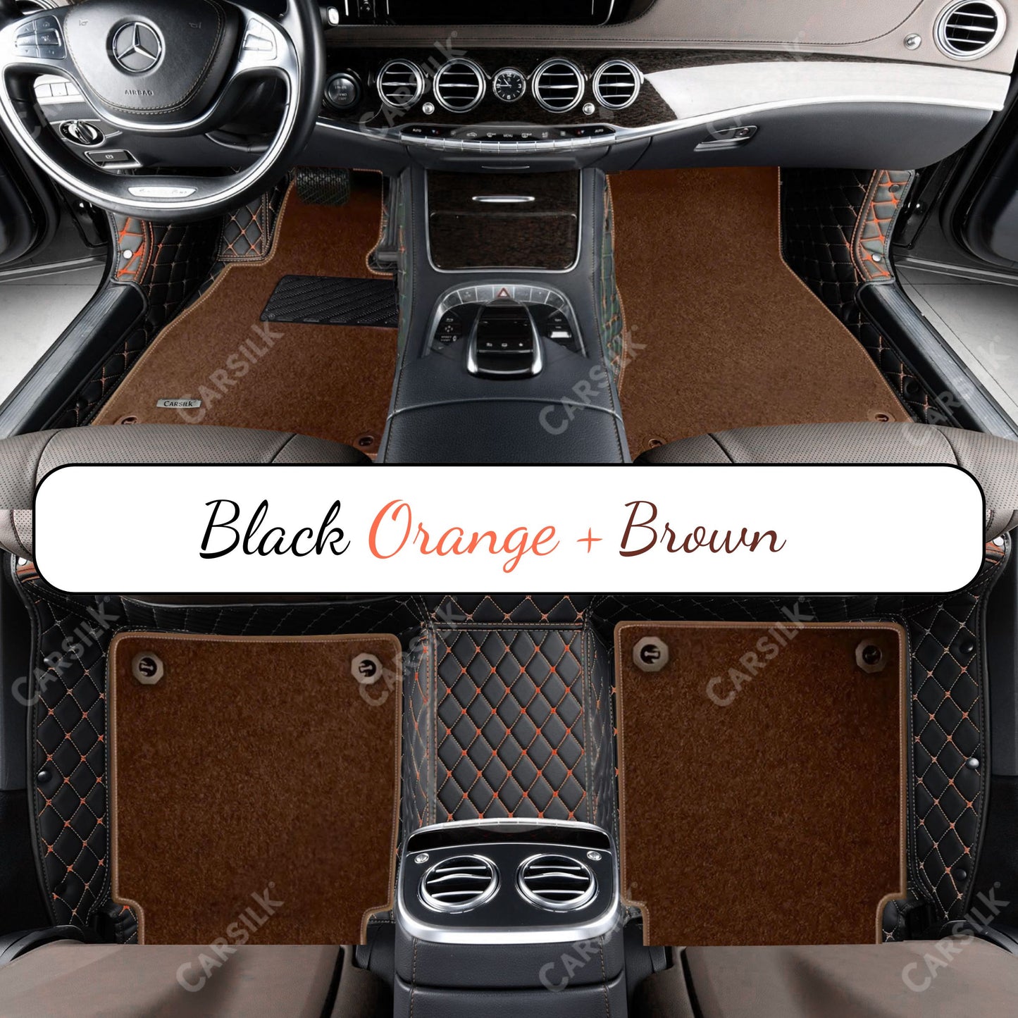 BLACK & ORANGE STITCHING DIAMOND BASE WITH BROWN TOP CARPET DOUBLE LAYER CAR MAT SET - Carsilks