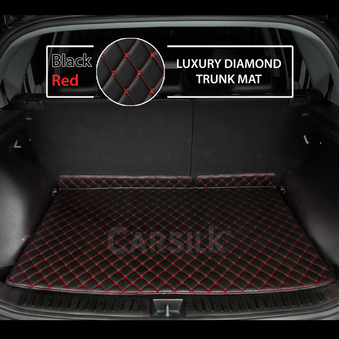 BLACK & RED STITCHING DIAMOND LUXURY TRUNK CAR MATS SET - Carsilks