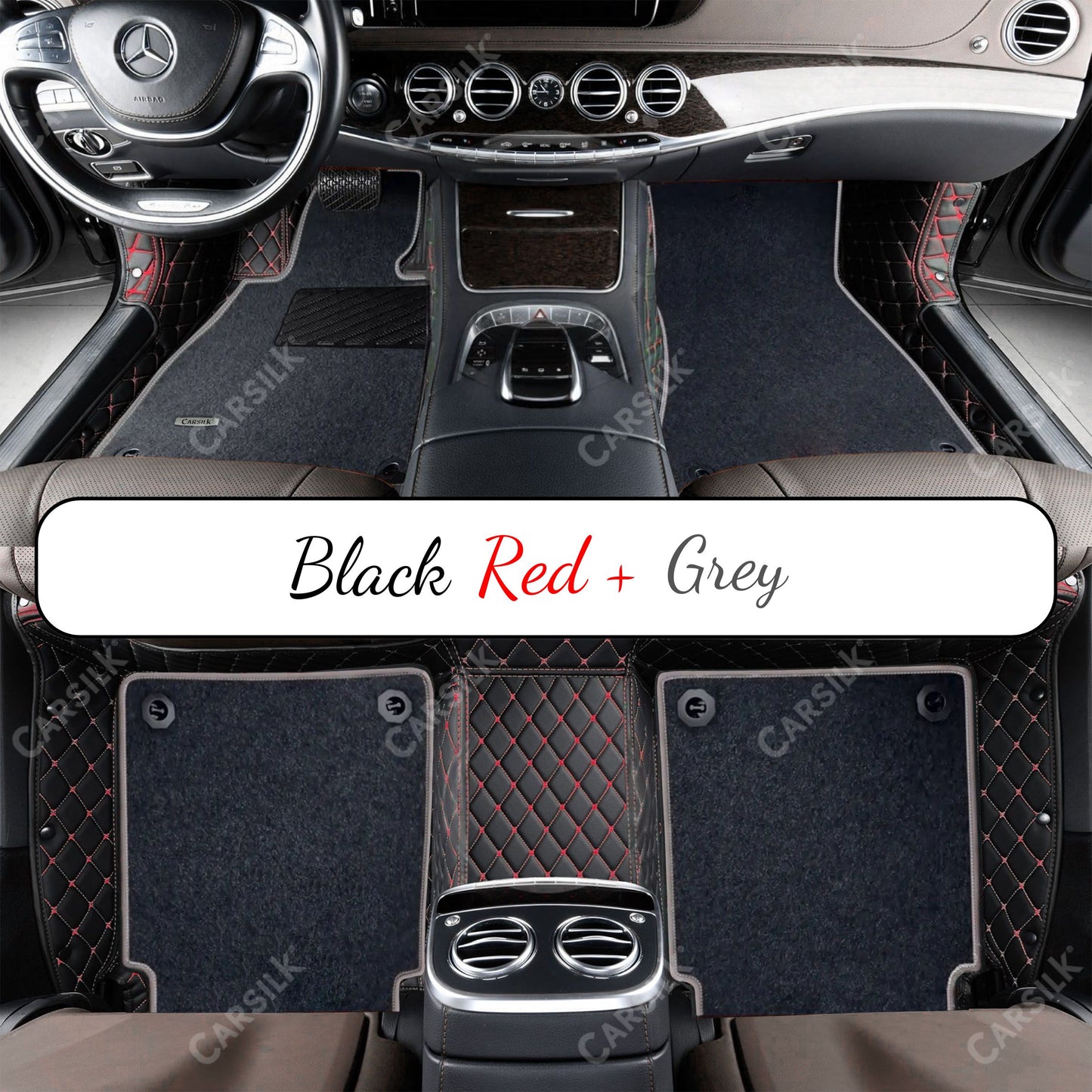 BLACK & RED STITCHING DIAMOND BASE WITH GRAY TOP CARPET DOUBLE LAYER CAR MAT SET - Carsilks