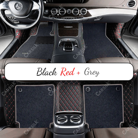 BLACK & RED STITCHING DIAMOND BASE WITH GRAY TOP CARPET DOUBLE LAYER CAR MAT SET - Carsilks
