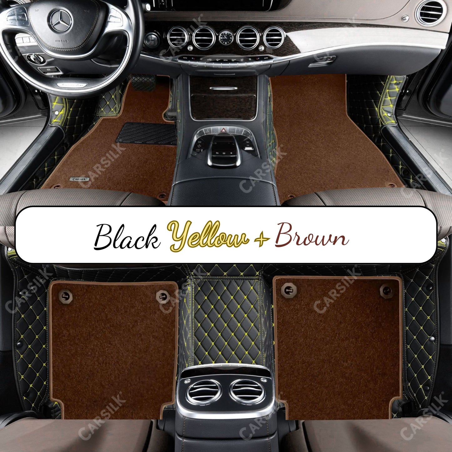 BLACK & YELLOW STITCHING DIAMOND BASE WITH BROWN TOP CARPET DOUBLE LAYER CAR MAT SET - Carsilks