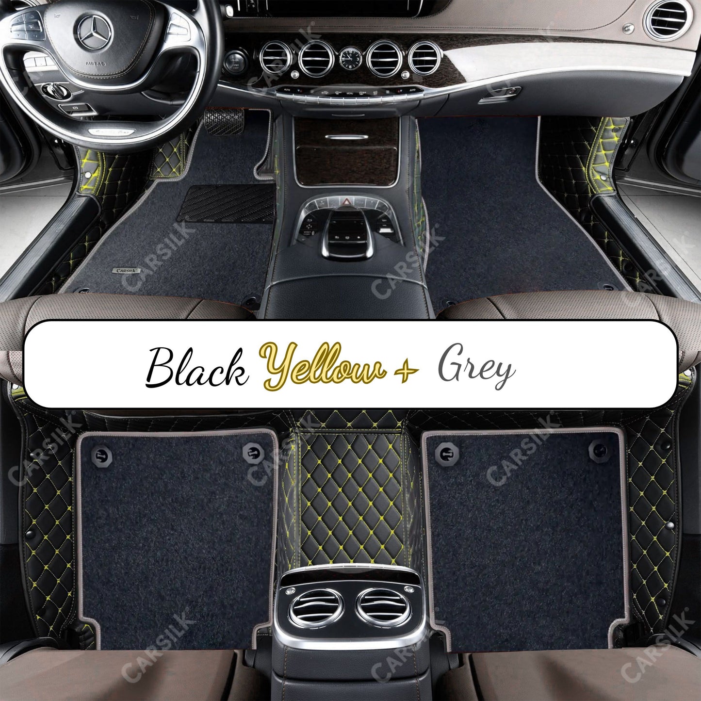 BLACK & YELLOW STITCHING DIAMOND BASE WITH GRAY TOP CARPET DOUBLE LAYER CAR MAT SET - Carsilks