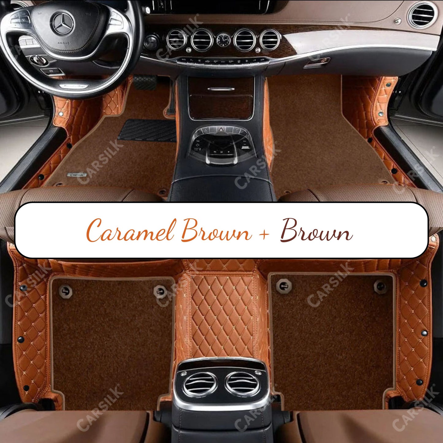 CARAMEL BROWN DIAMOND BASE WITH BROWN TOP CARPET DOUBLE LAYER CAR MAT SET - Carsilks