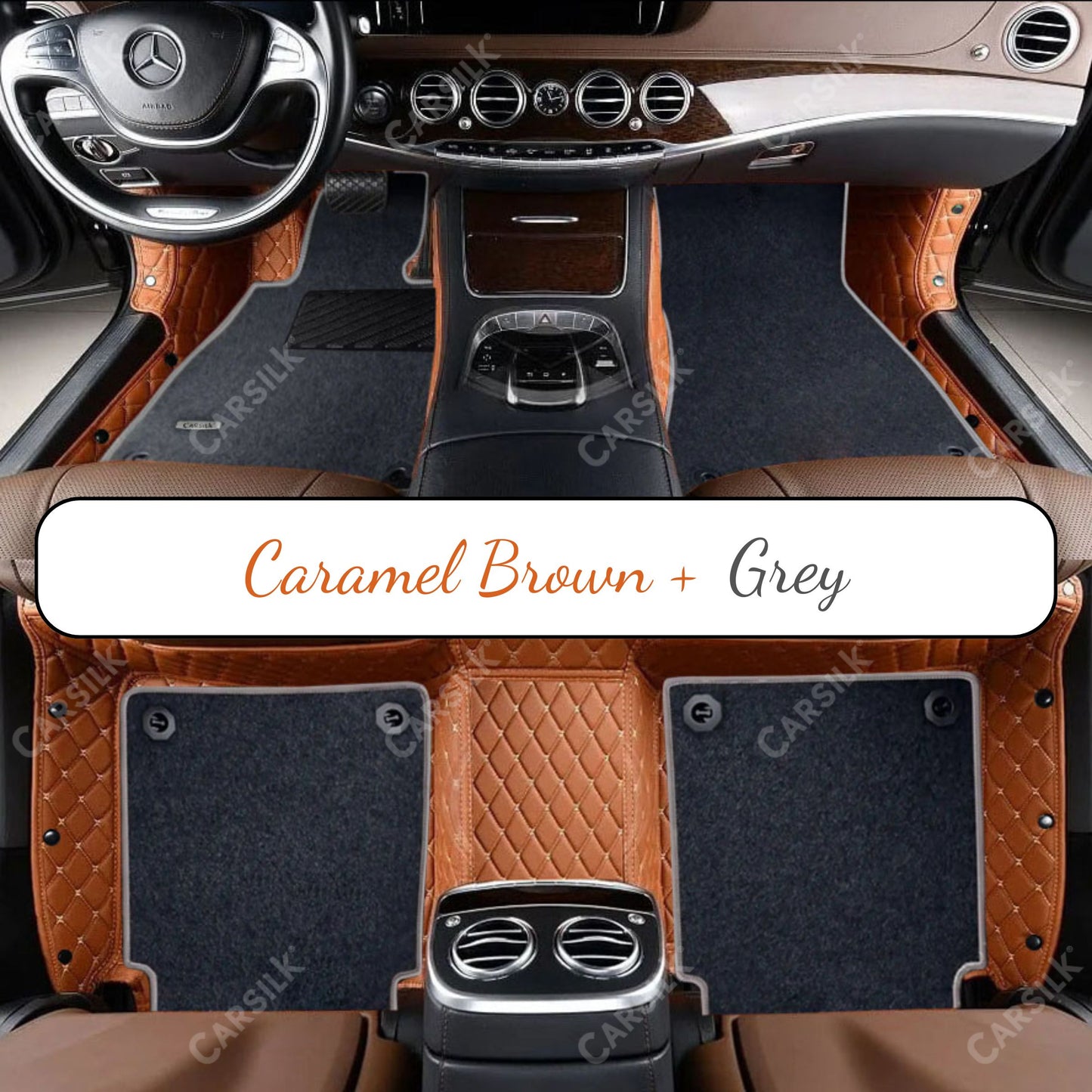 CARAMEL BROWN DIAMOND BASE WITH BLACK TOP CARPET DOUBLE LAYER CAR MAT SET - Carsilks