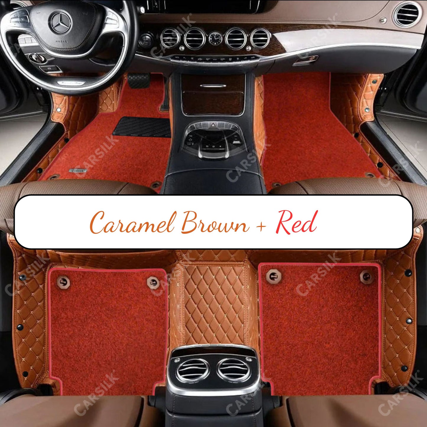 CARAMEL BROWN DIAMOND BASE WITH RED TOP CARPET DOUBLE LAYER CAR MAT SET - Carsilks