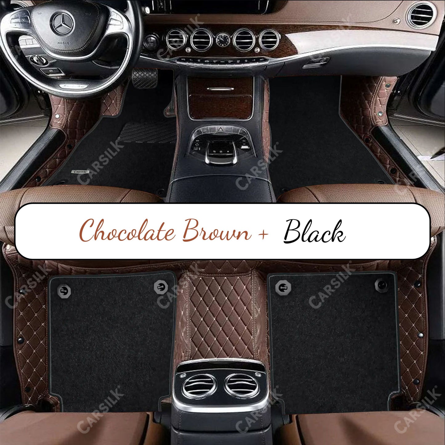 CHOCOLATE BROWN DIAMOND BASE WITH BLACK TOP CARPET DOUBLE LAYER CAR MAT SET - Carsilks