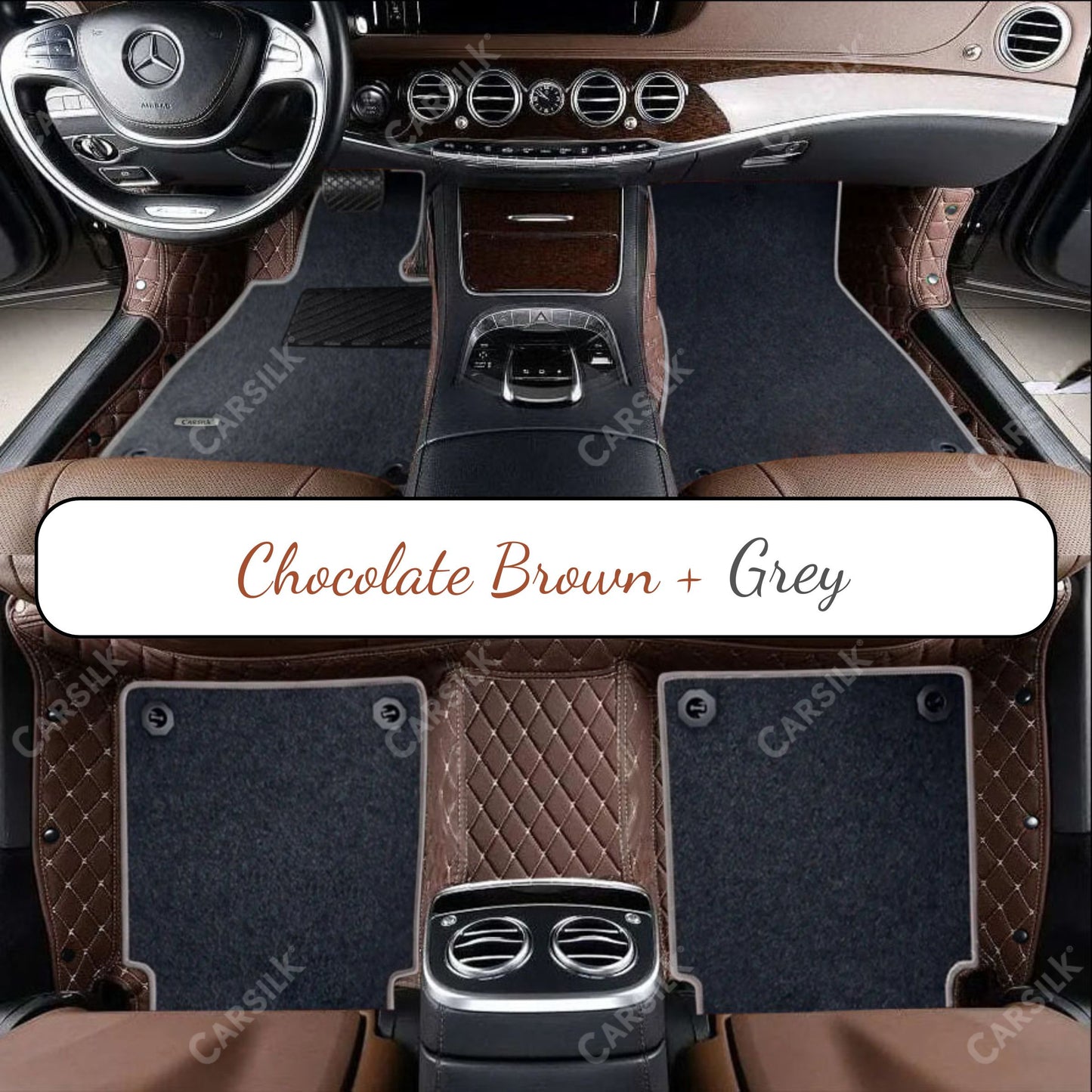 CHOCOLATE BROWN DIAMOND BASE WITH BLACK TOP CARPET DOUBLE LAYER CAR MAT SET - Carsilks
