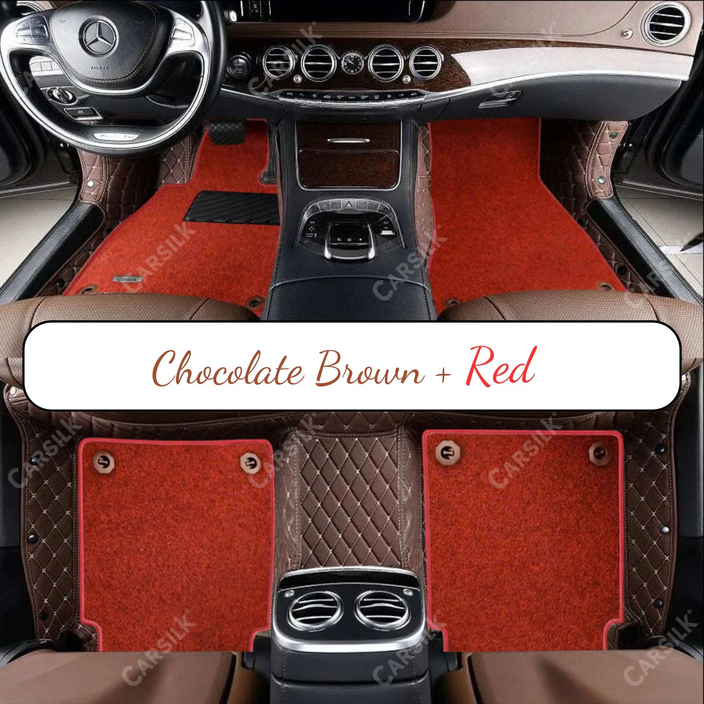 CHOCOLATE BROWN DIAMOND BASE WITH RED TOP CARPET DOUBLE LAYER CAR MAT SET - Carsilks