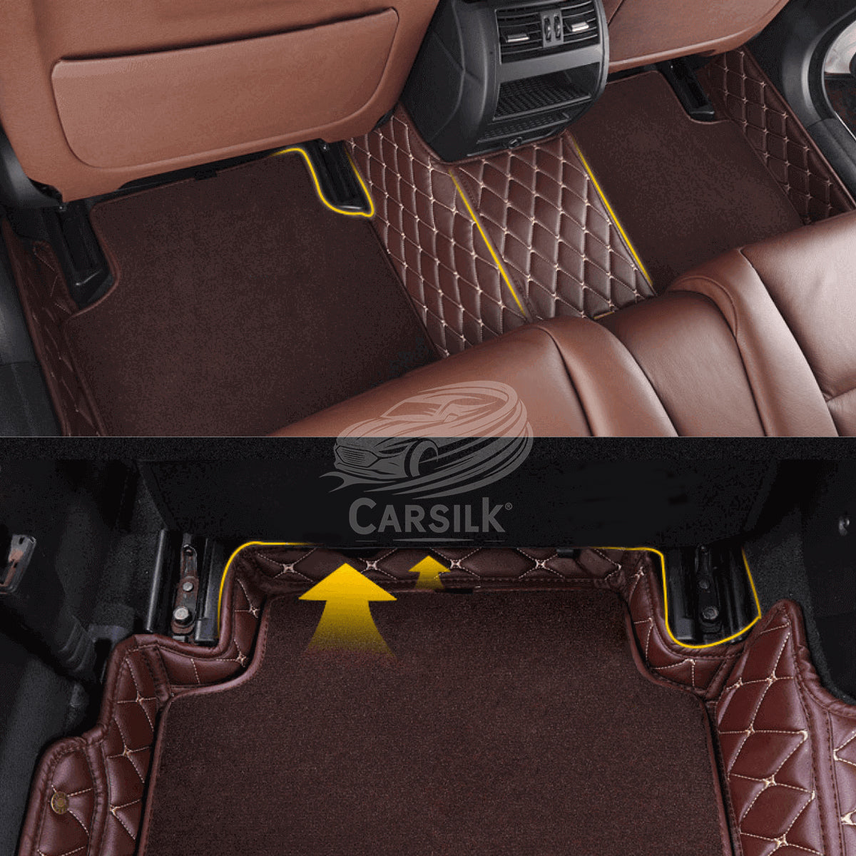 CHOCOLATE BROWN DIAMOND BASE WITH BLACK TOP CARPET DOUBLE LAYER CAR MAT SET - Carsilks