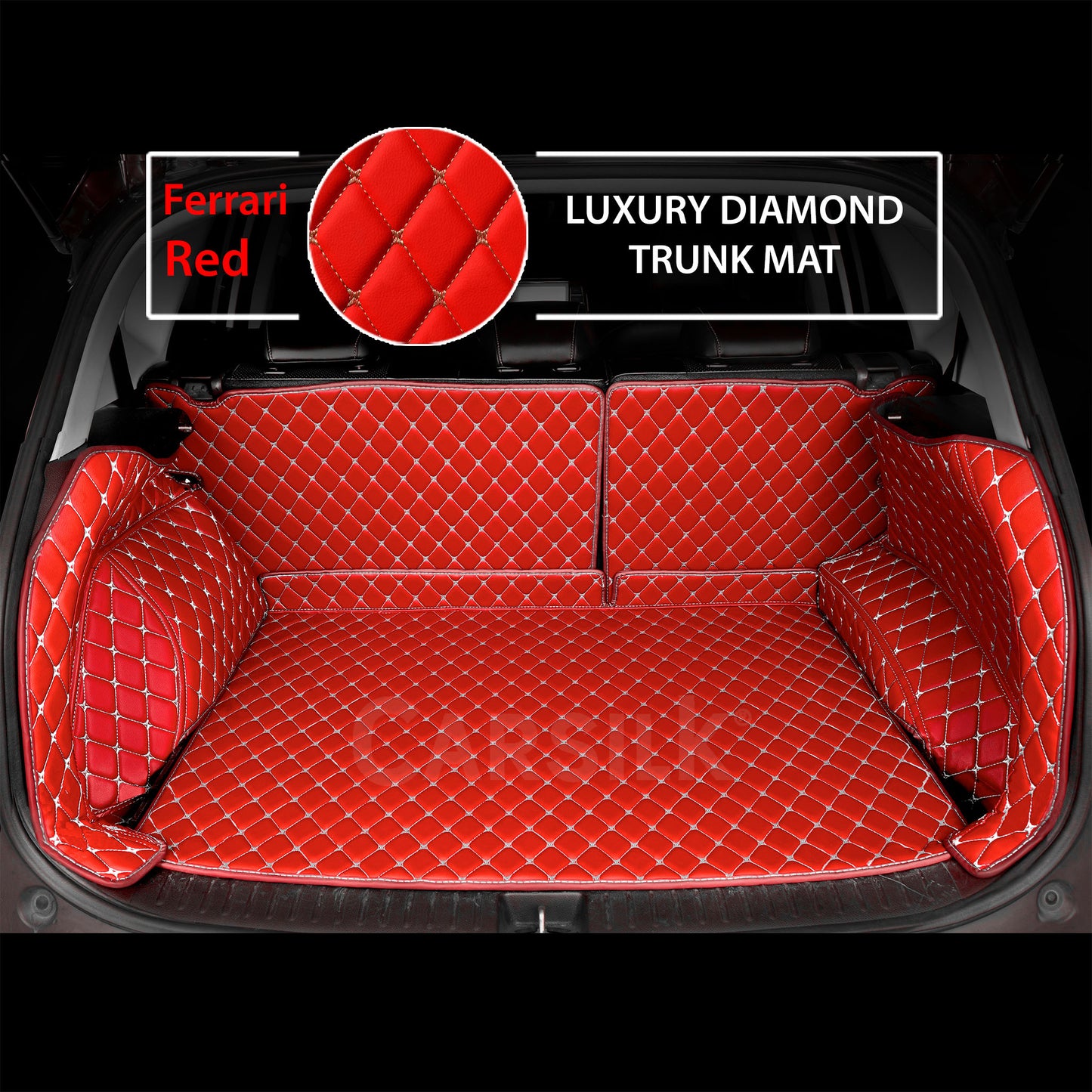 FERRARI RED STITCHING 3D DIAMOND LUXURY TRUNK CAR MATS SET - Carsilks