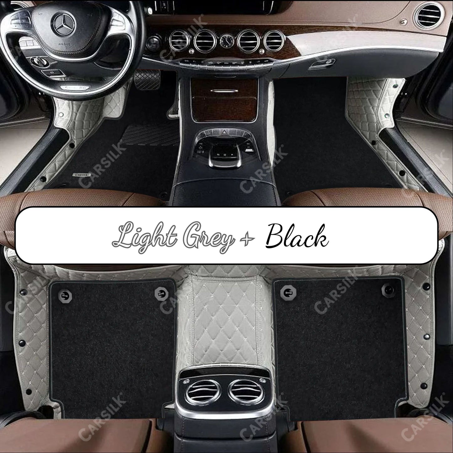 LIGHT GRAY DIAMOND BASE WITH BLACK TOP CARPET DOUBLE LAYER CAR MAT SET - Carsilks