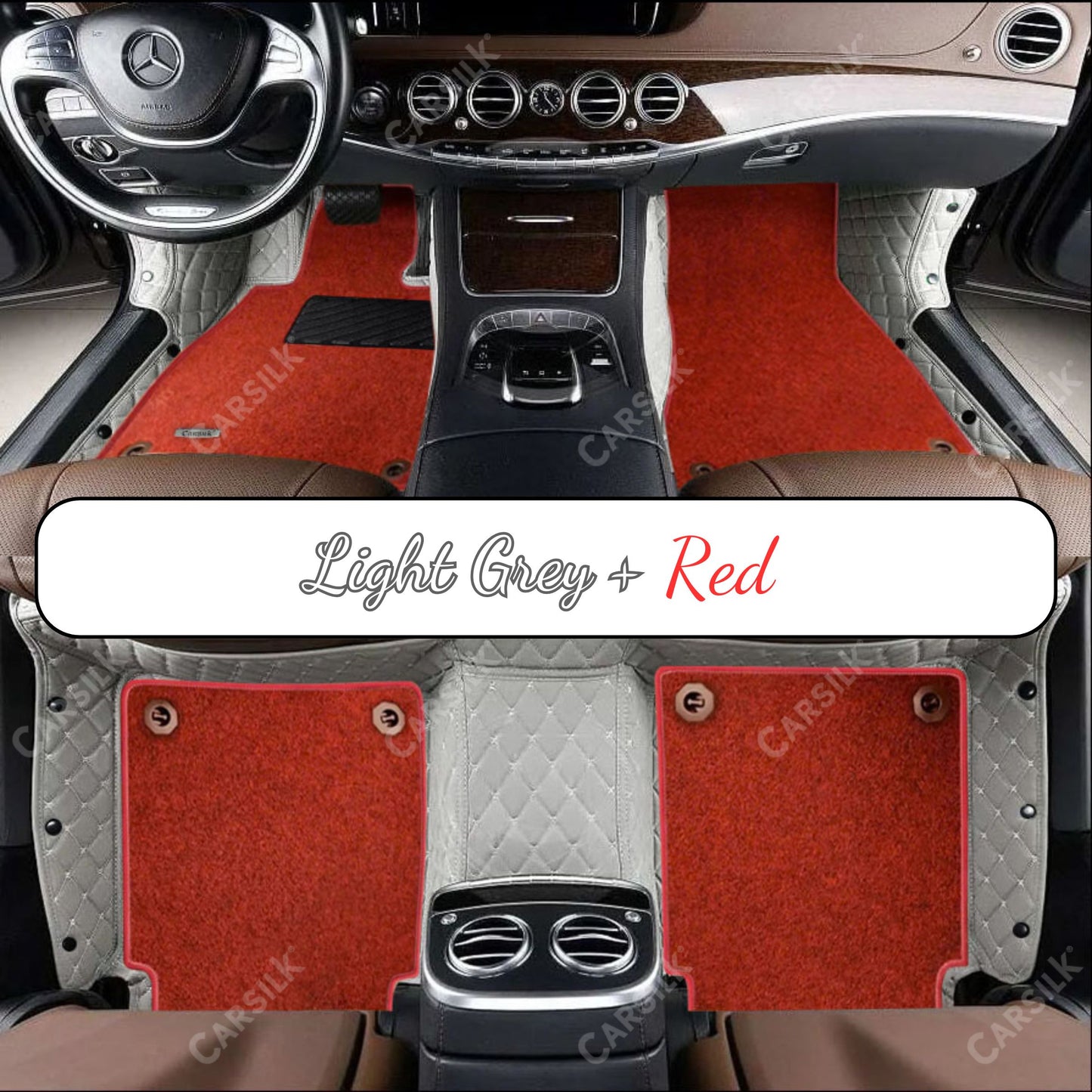 LIGHT GRAY DIAMOND BASE WITH RED TOP CARPET DOUBLE LAYER CAR MAT SET - Carsilks