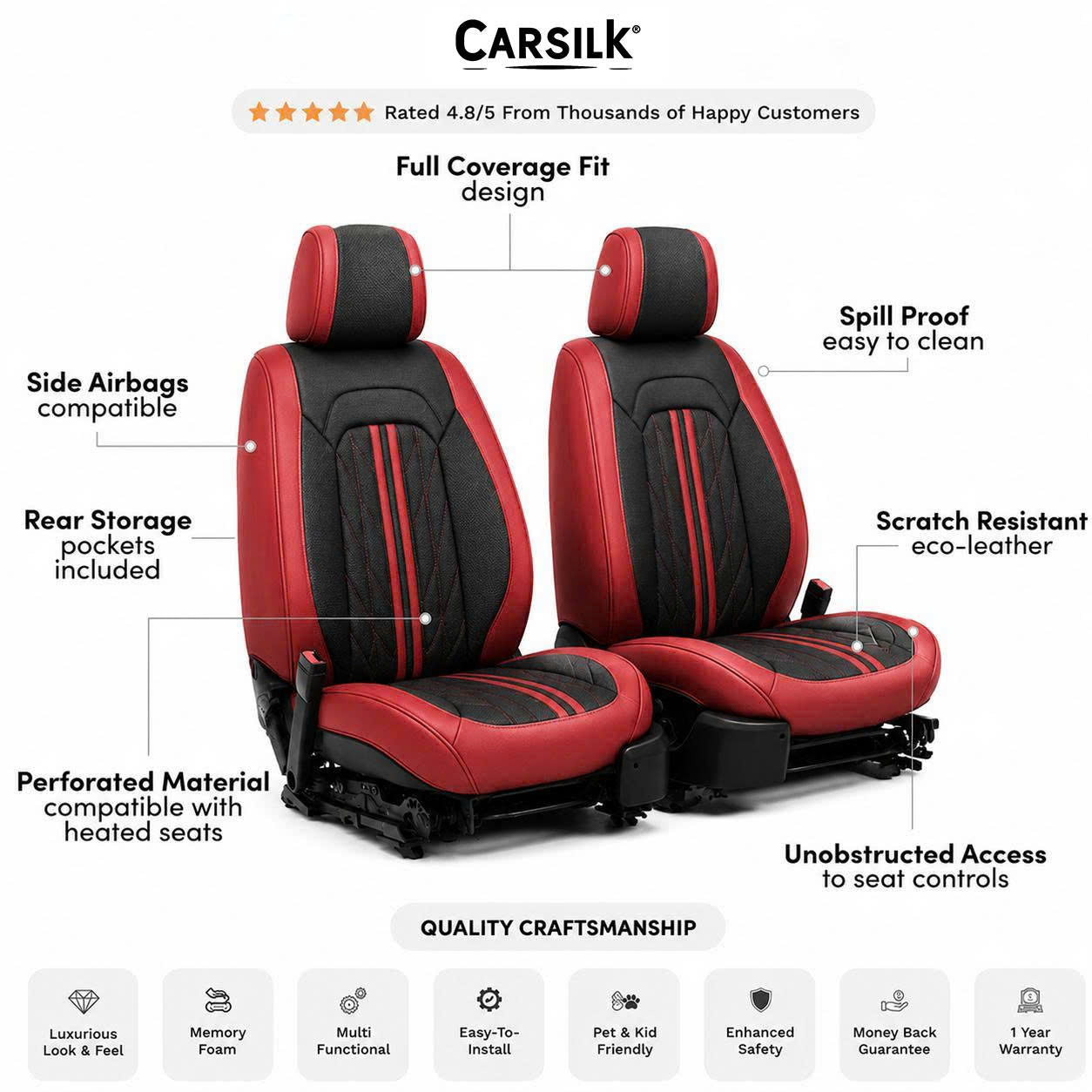 Black & Red Breathable Waterproof Sport Eco Leather Seat Cover for Cars