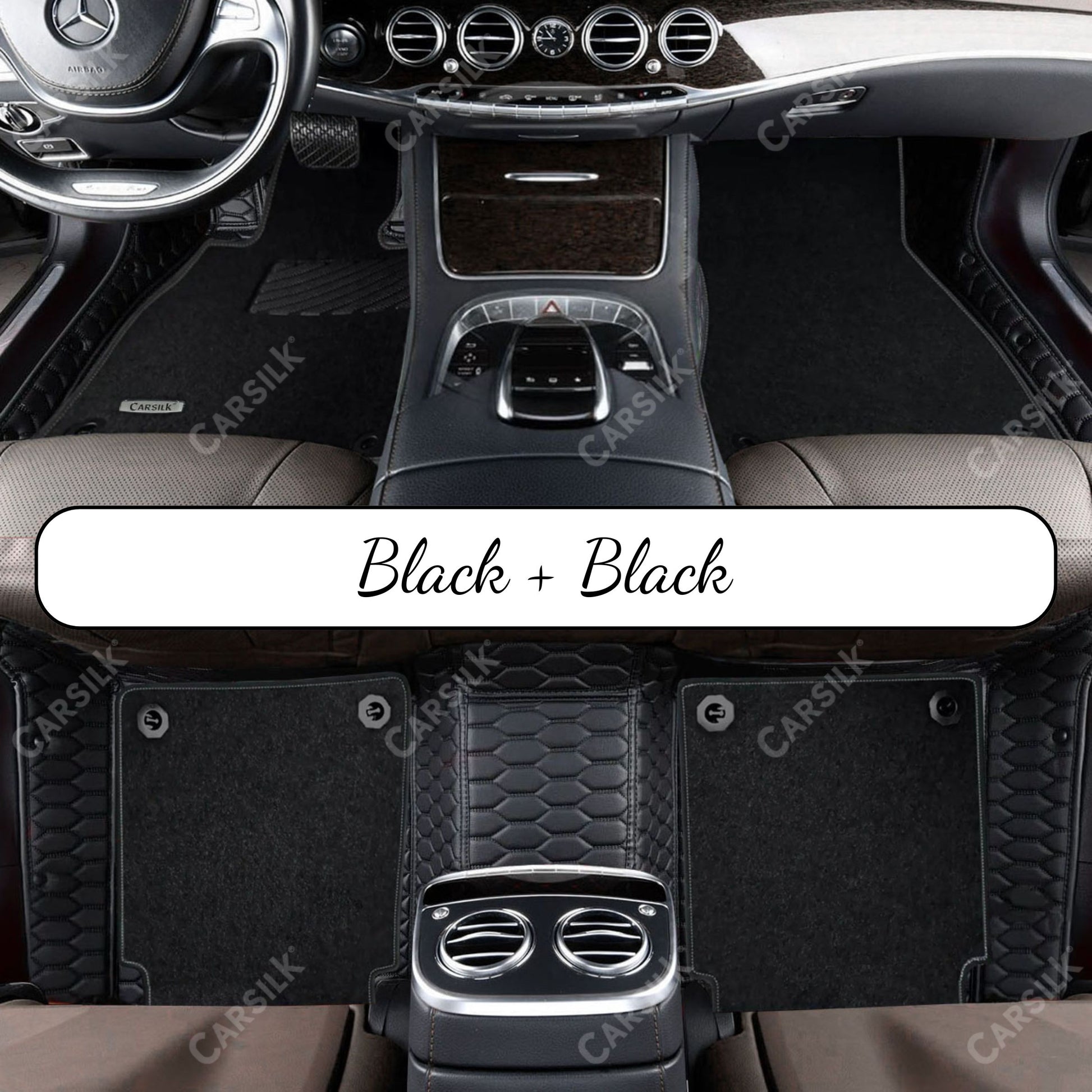 BLACK & BLACK STITCHING HONEYCOMB BASE WITH GRAY TOP CARPET DOUBLE LAYER CAR MAT SET - Carsilks 