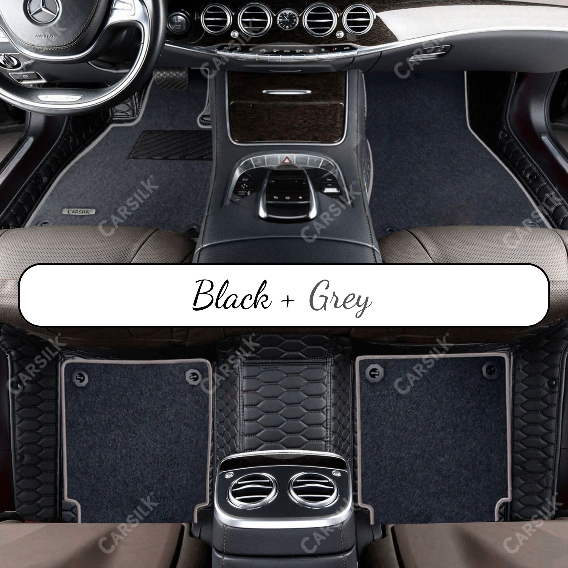 BLACK & BLACK STITCHING HONEYCOMB BASE WITH GRAY TOP CARPET DOUBLE LAYER CAR MAT SET - Carsilks 