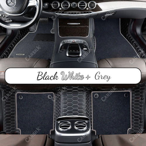 BLACK & WHITE STITCHING HONEYCOMB BASE WITH BLACK TOP CARPET DOUBLE LAYER CAR MAT SET - Carsilks 