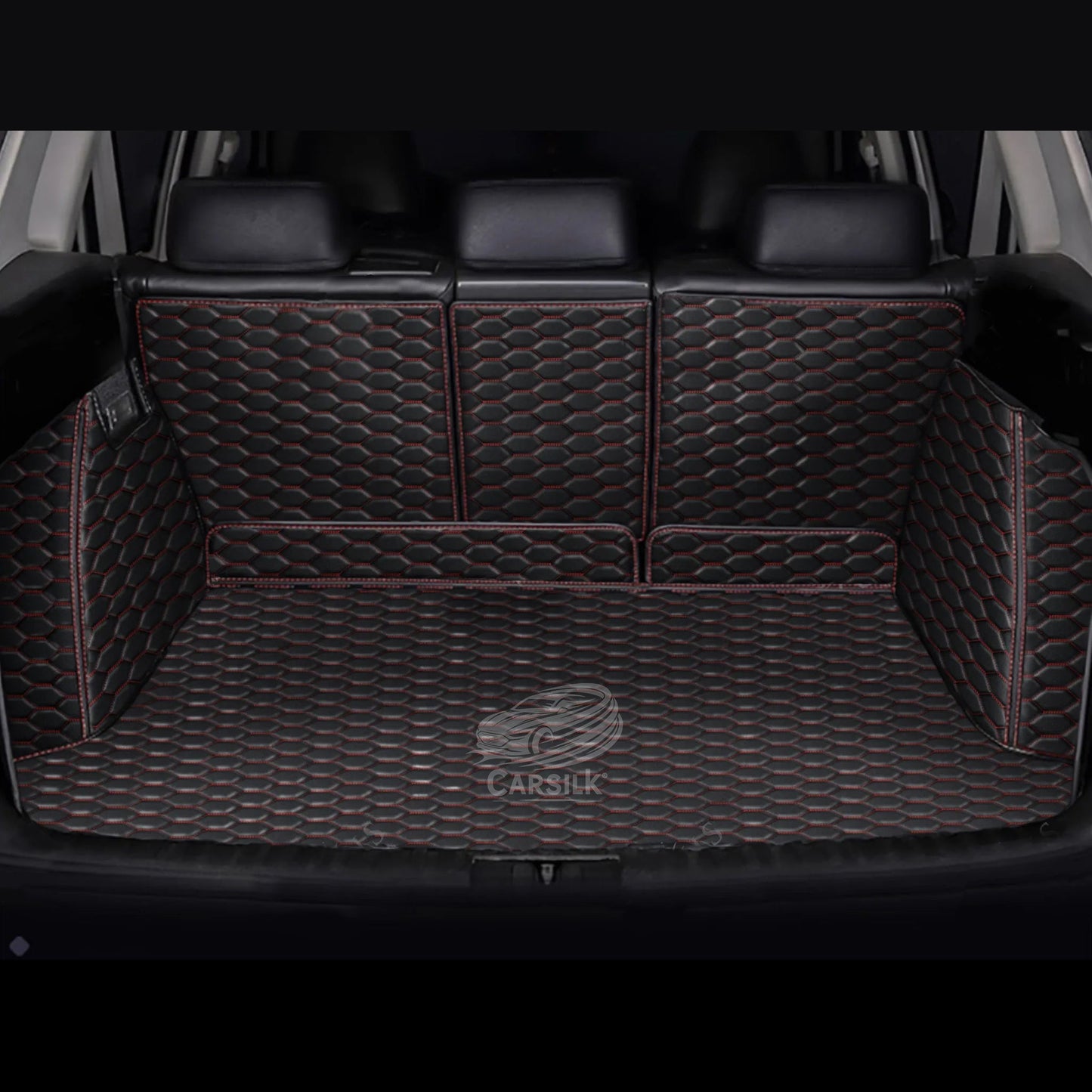 BLACK & RED STITCHING 3D HONEY COMB LUXURY TRUNK CAR MATS SET - Carsilks 