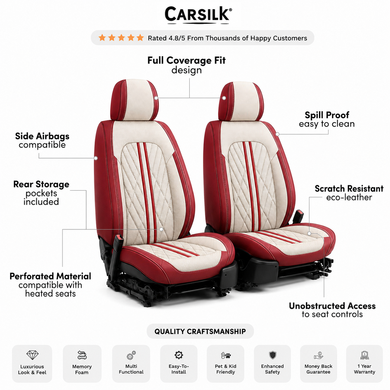 Beige & Red Breathable Waterproof Sport Eco Leather Seat Cover for Cars