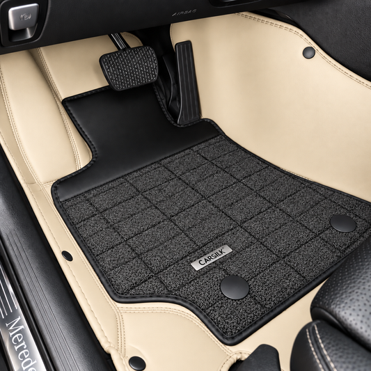 BEIGE AND BLACK HALF COIL DOUBLE LAYER NAPPA LEATHER CAR MATS SET