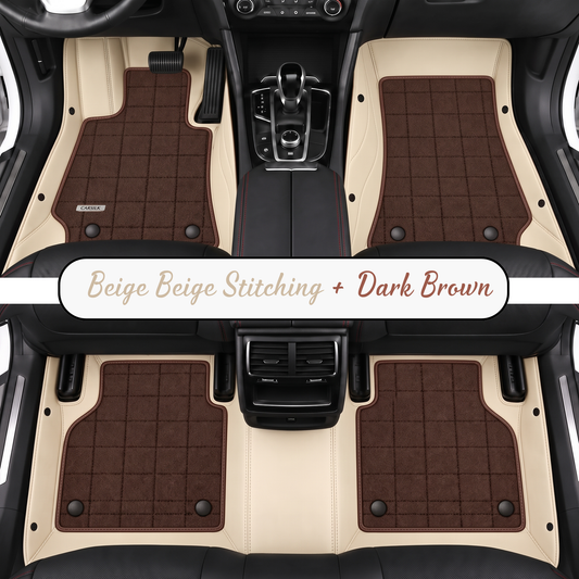 BEIGE AND DARK BROWN FULL COIL DOUBLE LAYER NAPPA LEATHER CAR MATS SET