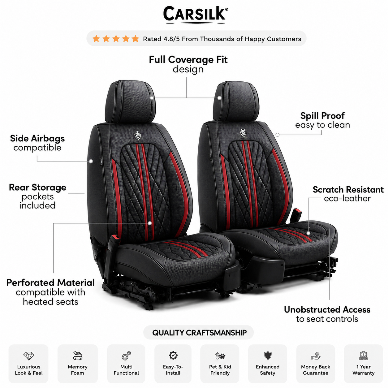 Red & Black Breathable Waterproof Sport Eco Leather Seat Cover for Cars