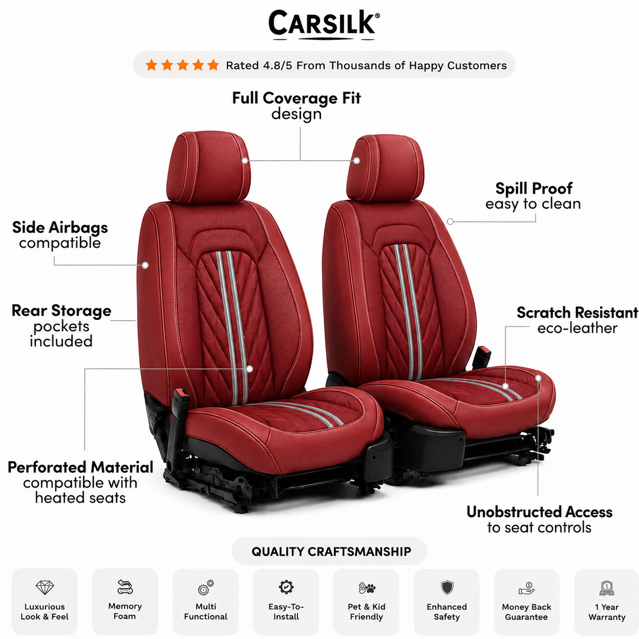 Red Breathable Waterproof Sport Eco Leather Seat Cover for Cars