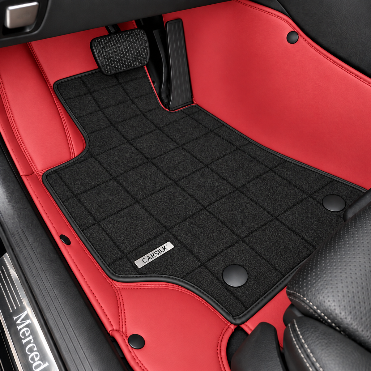RED AND BLACK FULL COIL DOUBLE LAYER NAPPA LEATHER CAR MATS SET