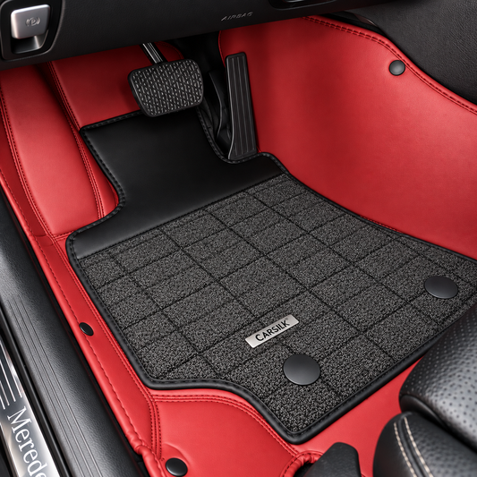 RED AND BLACK HALF COIL DOUBLE LAYER NAPPA LEATHER CAR MATS SET