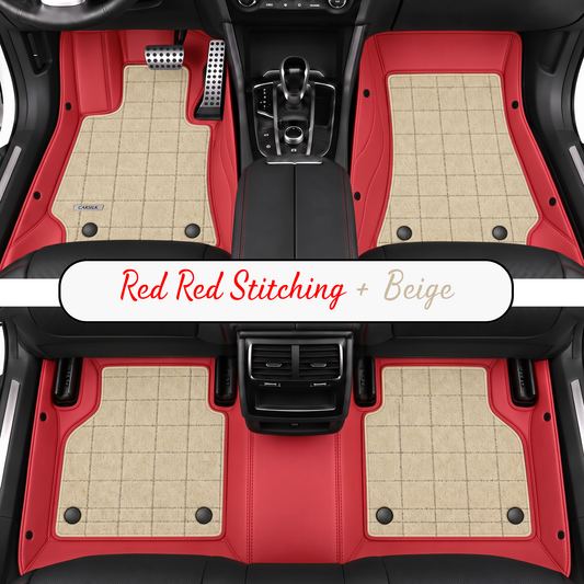 RED AND BEIGE FULL COIL DOUBLE LAYER NAPPA LEATHER CAR MATS SET
