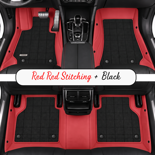 RED AND BLACK FULL COIL DOUBLE LAYER NAPPA LEATHER CAR MATS SET