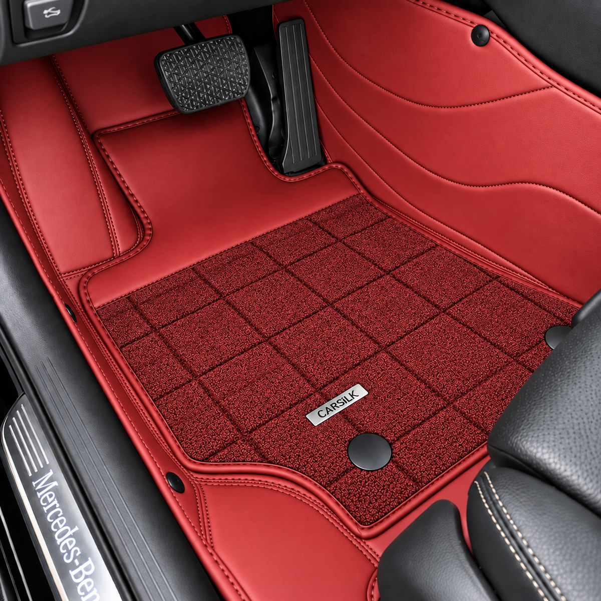RED AND DARK BROWN HALF COIL DOUBLE LAYER NAPPA LEATHER CAR MATS SET