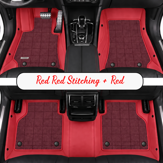 RED AND RED FULL COIL DOUBLE LAYER NAPPA LEATHER CAR MATS SET