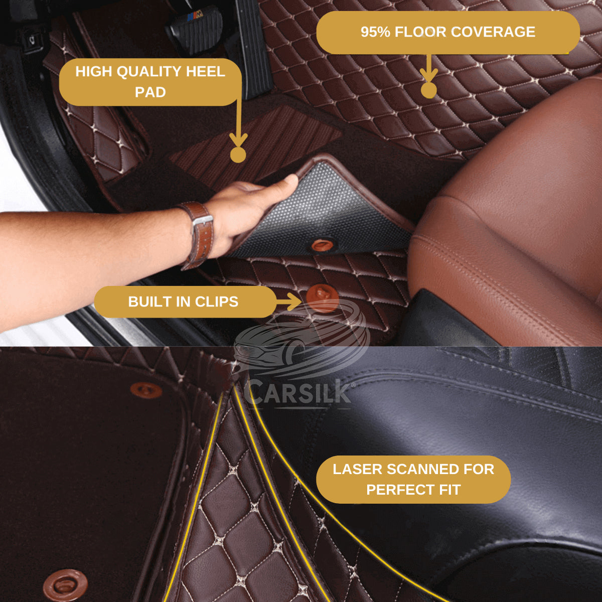 CARAMEL BROWN DIAMOND BASE WITH BLACK TOP CARPET DOUBLE LAYER CAR MAT SET