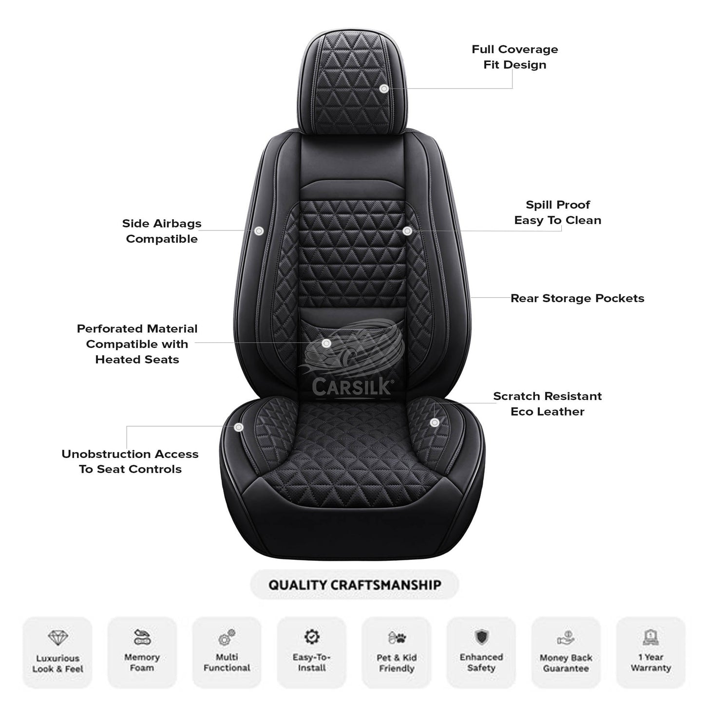 Black & Grey Breathable Waterproof Diamond Pattern Leather Seat Cover for Cars - Carsilks 