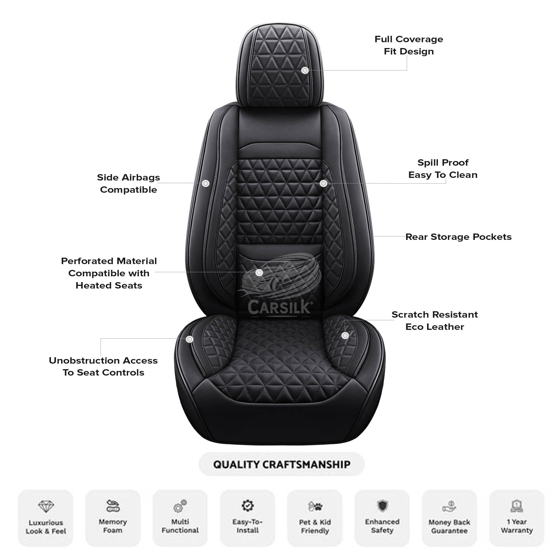 Black & Grey Breathable Waterproof Diamond Pattern Leather Seat Cover for Cars - Carsilks 